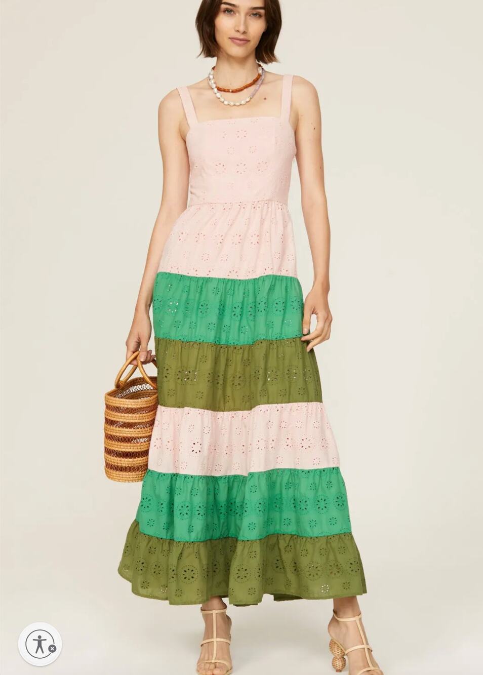 Slate & Willow Green Pink Tiered Ruffle Maxi Dress Size 0 Eyelet Cotton $310
